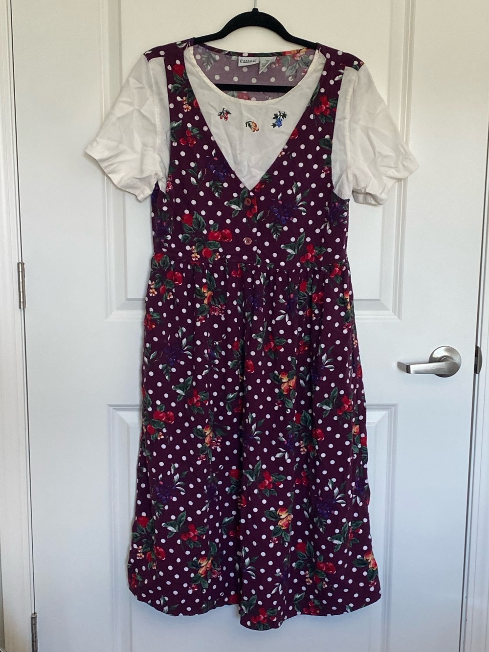 Vintage Purple Floral & Polka Dot Midi Dress with White Tee Layer